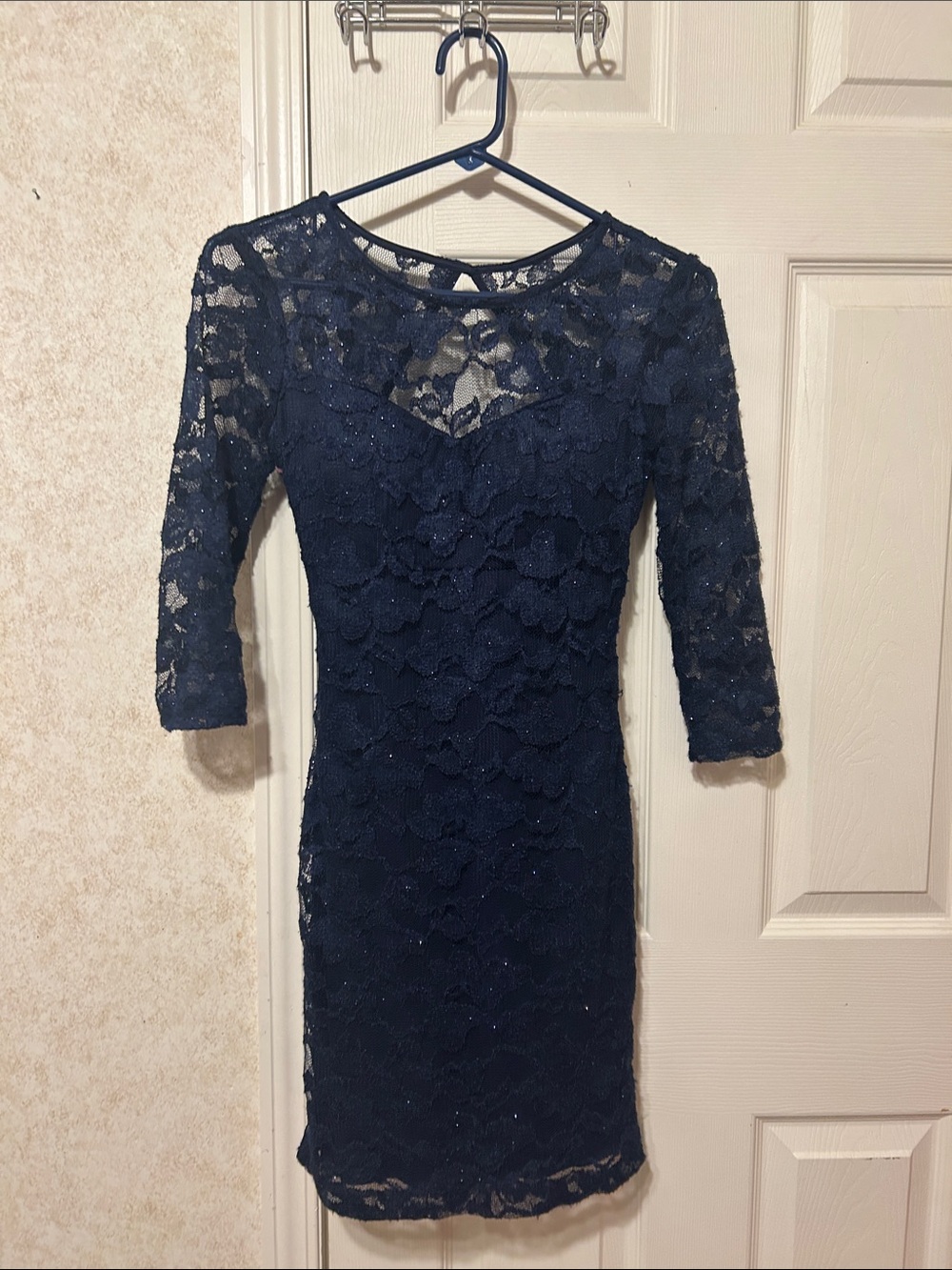 B Darlin Navy Lace Sheath Dress with Three-Quarter Sleeves